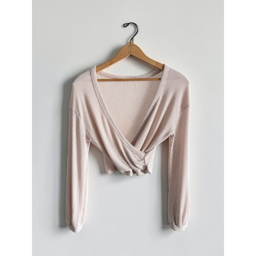 Sozy Soft + Cozy Ribbed Wrap Front Crop Top Blush Pink Long Sleeve XS